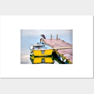 Yellow Skiff and Great Blue Herson on Lopez Island Posters and Art